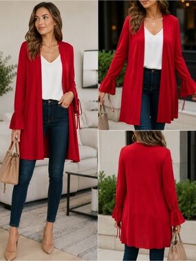 Halogen Red Open Front Duster Cardigan Tie Sleeve Sweater Size Large